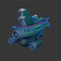 Teal Colored Spaceship 3D Model With Orange Glowing Engines And Detailed Parts