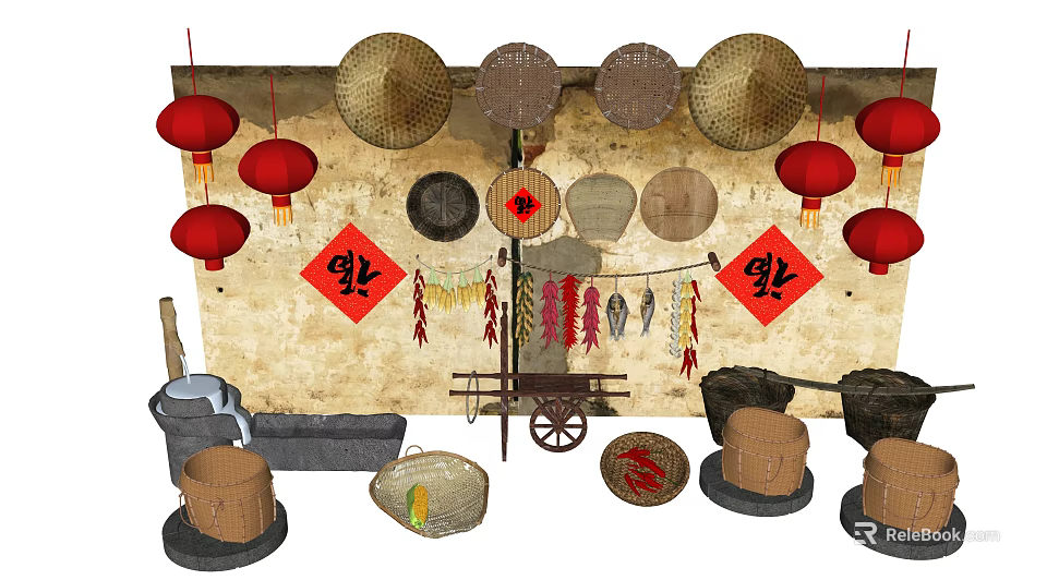 Traditional Industrial Equipment Display With Stone Mill Wheelbarrow And Bamboo Crafts 3d model 