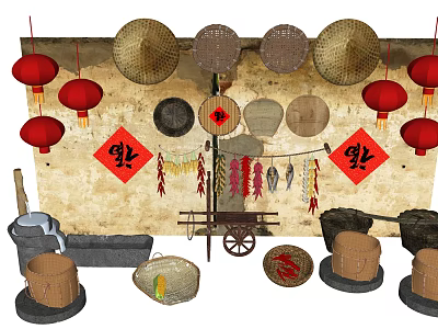 Traditional Industrial Equipment Display With Stone Mill Wheelbarrow And Bamboo Crafts 3d model