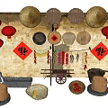 Traditional Industrial Equipment Display With Stone Mill Wheelbarrow And Bamboo Crafts