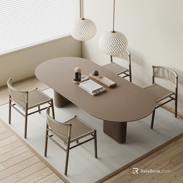 Modern Oval Brown Dining Table Set with 4 Woven Rattan Chairs and Hanging Lamps 3d model 