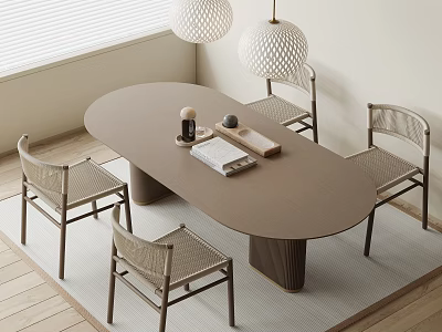 Modern Oval Brown Dining Table Set with 4 Woven Rattan Chairs and Hanging Lamps 3d model