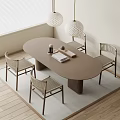 Modern Oval Brown Dining Table Set with 4 Woven Rattan Chairs and Hanging Lamps