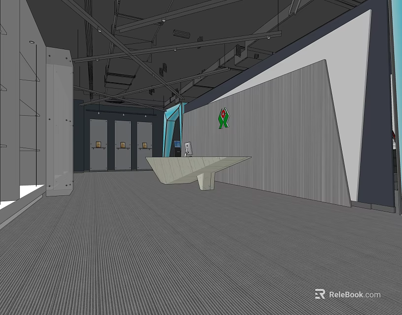 Modern Art Gallery Interior With Geometric Walls Display Cases And Sculpture 3d model 