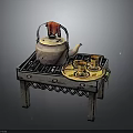 Vintage Teapot and Teacups on Small Lattice Table with Red Cloth Decoration Home Living