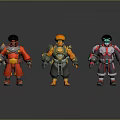 Three Armored Scifi Character Models With Red Yellow White Designs Standing On Reflective Surface