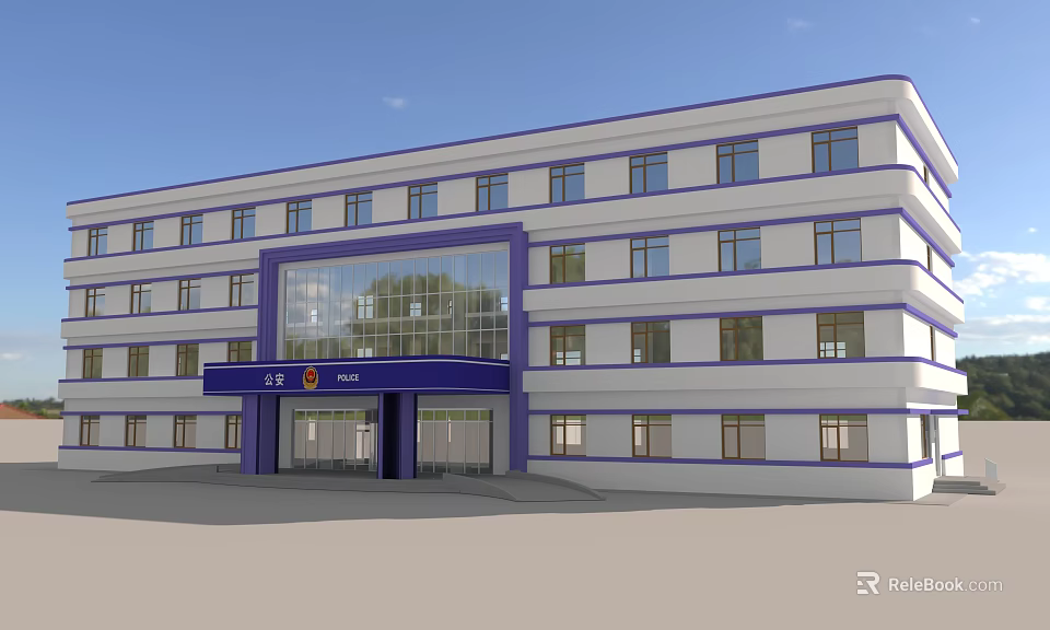 White Police Station Building With Multiple Floors Blue Trim And Large Glass Entrance 3d model 