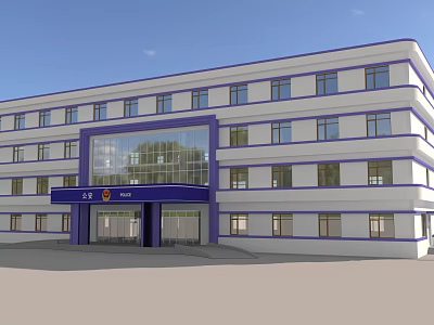 White Police Station Building With Multiple Floors Blue Trim And Large Glass Entrance 3d model