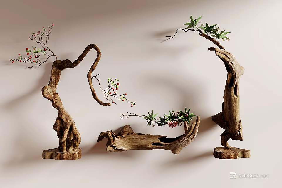 Bonsai Potted Plants with Natural Wood Curved Branches Green Leaves Red Berries and Wooden Bases 3d model 