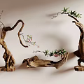 Bonsai Potted Plants with Natural Wood Curved Branches Green Leaves Red Berries and Wooden Bases