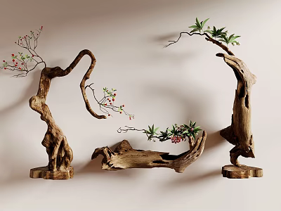 Bonsai Potted Plants with Natural Wood Curved Branches Green Leaves Red Berries and Wooden Bases 3d model