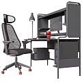 Modern Office Desk Setup With Computer Monitor Desk Lamp Ergonomic Chair And Shelves