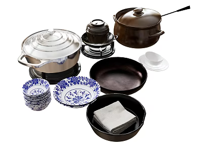 Assorted Kitchenware Collection Including Ceramic Bowls Iron Pots Clay Pots and Blue White Plates 3d model