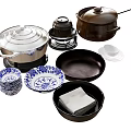 Assorted Kitchenware Collection Including Ceramic Bowls Iron Pots Clay Pots and Blue White Plates