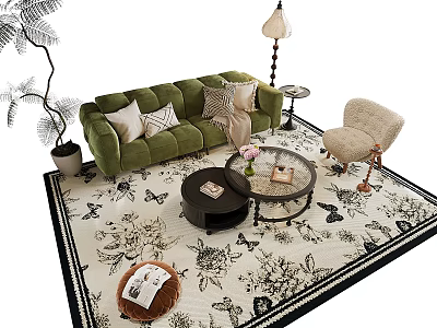Green Sofa And Coffee Table Set With Floral Pattern Rug Multiple Cushions And Armchair 3d model