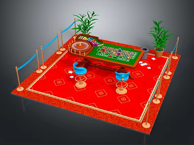 Casino Entertainment Table with Green Surface Blue Stools Red Carpet Gold Patterns and Green Plants 3d model
