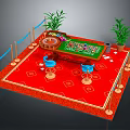 Casino Entertainment Table with Green Surface Blue Stools Red Carpet Gold Patterns and Green Plants