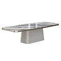 Elegant Modern Polished Marble Dining Table With Intricate Geometric Metal Mesh Base Design