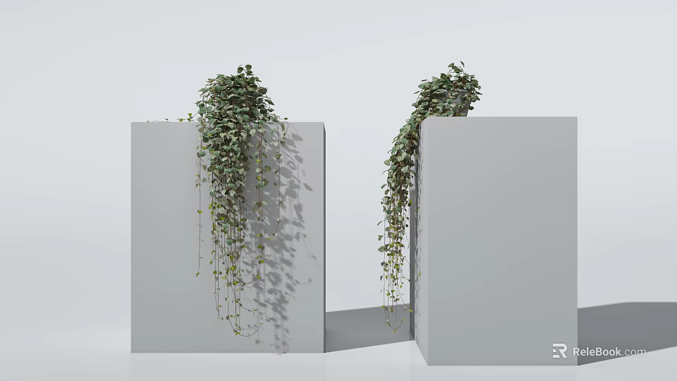 Green Hanging Plants With Trailing Vines On Gray Cubes 3d model 
