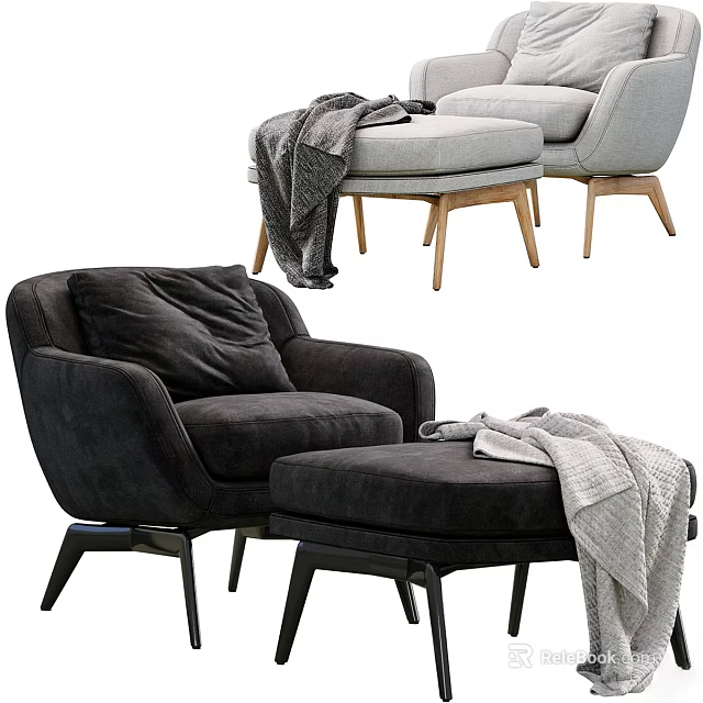 Modern Single Sofa with Ottoman Throw Blanket and Wooden Legs Design 3d model