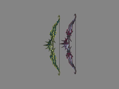 Decorative Weapon Two Bows With Green And Purple Patterns And Ornate Design 3d model