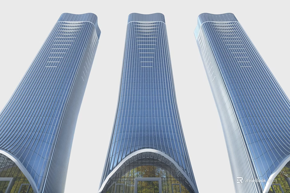 Modern High Rise Office Buildings Featuring Blue Glass Curtain Wall Streamlined Design And Curved Entrance 3d model 