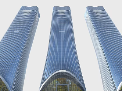 Modern High Rise Office Buildings Featuring Blue Glass Curtain Wall Streamlined Design And Curved Entrance 3d model