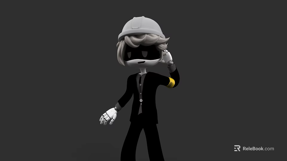 3D Game Movie Character With Gray Hard Hat Light Hair Black Suit White Gloves 3d model 