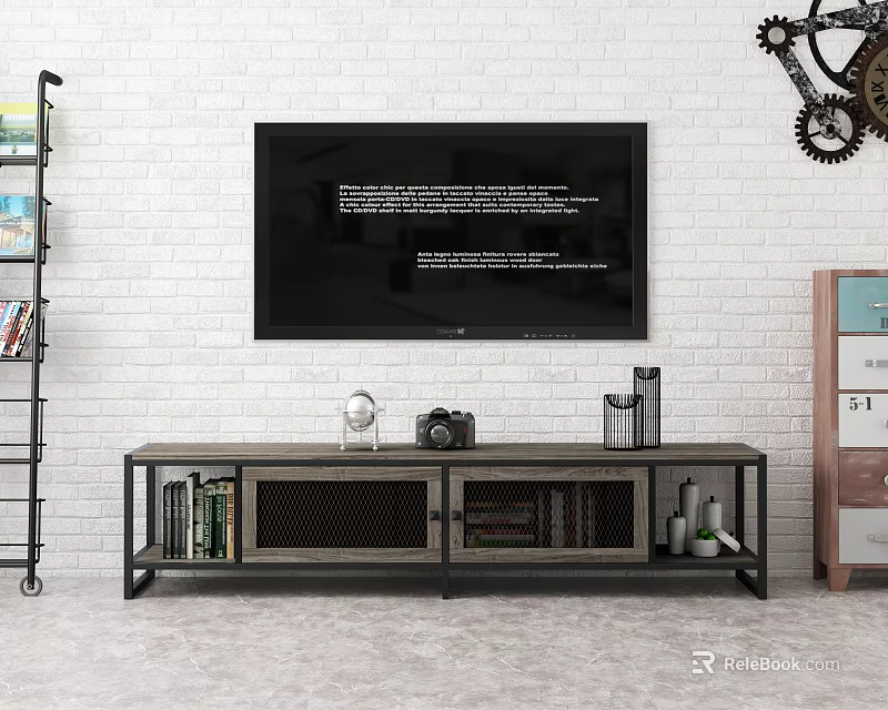 Modern Wood Metal TV Stand with Storage Shelves TV on Brick Wall Decorative Items 3d model 