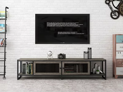 Modern Wood Metal TV Stand with Storage Shelves TV on Brick Wall Decorative Items 3d model