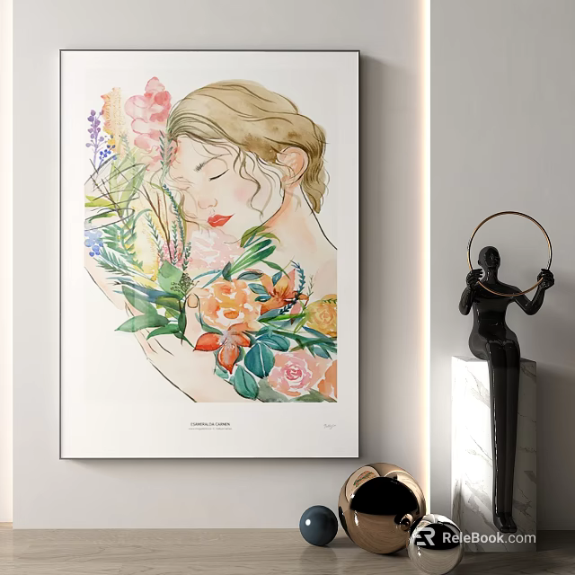Watercolor Portrait Painting of Woman with Closed Eyes and Colorful Floral Elements as Wall Art 3d model 