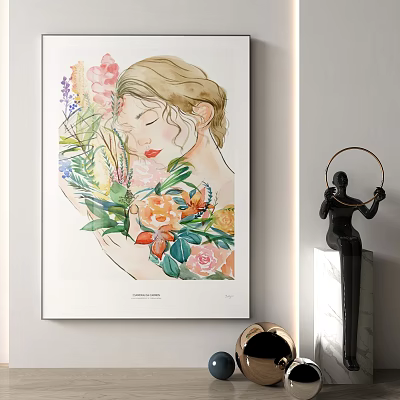 Watercolor Portrait Painting of Woman with Closed Eyes and Colorful Floral Elements as Wall Art 3d model