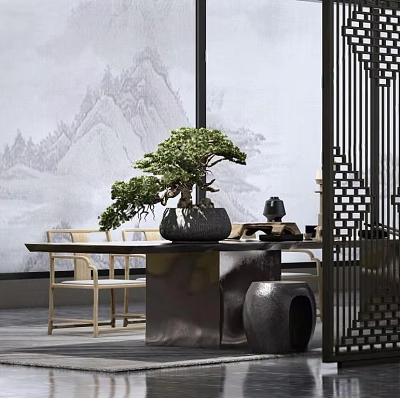 Traditional Chinese Tea Table and Chairs with Bonsai Plant Mountain Landscape Background and Tea Set 3d model