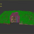 Cartoon Scene Of Green Plant Covered Semicircular Hut With Wooden Door And Ferns