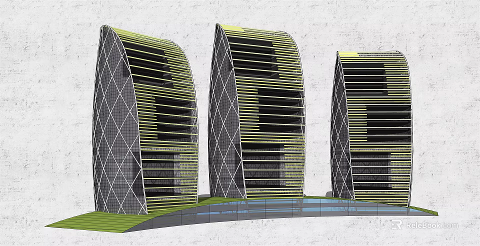 Modern Office Buildings With Curved Exterior Geometric Patterns And Green Lawn Water Feature 3d model 