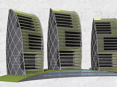 Modern Office Buildings With Curved Exterior Geometric Patterns And Green Lawn Water Feature 3d model