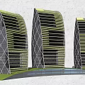 Modern Office Buildings With Curved Exterior Geometric Patterns And Green Lawn Water Feature
