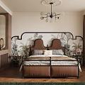 Elegant Modern Bedroom Interior With Brown Headboard Plant Mural Chandelier And Wooden Furniture