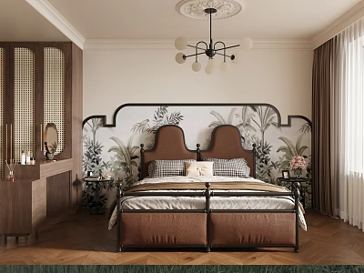 Elegant Modern Bedroom Interior With Brown Headboard Plant Mural Chandelier And Wooden Furniture 3d model