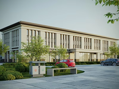 Modern Office Building With Stone Facade Vertical Windows Green Trees Parked Cars And Paved Plaza 3d model