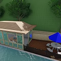 Floating Glass House With Brown Roof Blue Umbrella Trees And Waterfront Deck