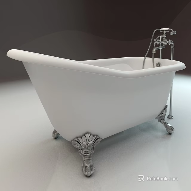 Elegant White Freestanding Bathtub With Ornate Metal Feet And Silver Faucet 3d model 