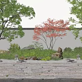 Lush Garden Flowers And Plants With Green Trees Red Maple Stone Rocks And Slate Pathway