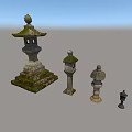Traditional Stone Outdoor Lights With Pagoda Style Tops Mossy Surfaces And Various Sizes