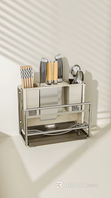 Stainless Steel Kitchen Countertop Organizer Rack With Knives And Spoons Storage 3d model 