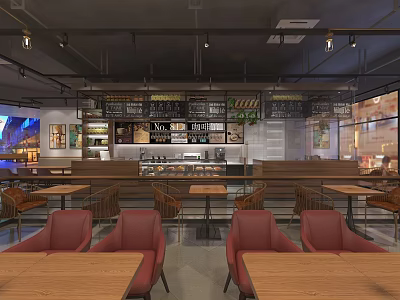 Modern Café Interior Featuring Wooden Tables Red Chairs Bar Counter Menu Board And Lighting 3d model