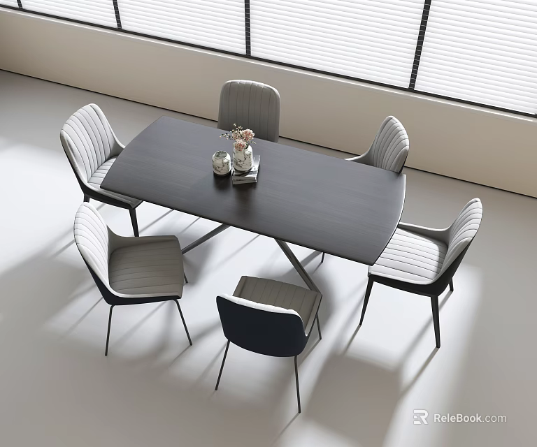 Modern Dark Gray Dining Table Set With Upholstered Chairs And Decorative Vase 3d model