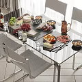 Modern Dining Table Set With Black Glass Top White Chairs And Food Drinks