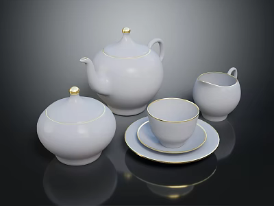 Elegant White Tea Set with Teapot Teacup Saucer Creamer and Gold Trim on Black Background 3d model