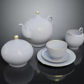 Elegant White Tea Set with Teapot Teacup Saucer Creamer and Gold Trim on Black Background